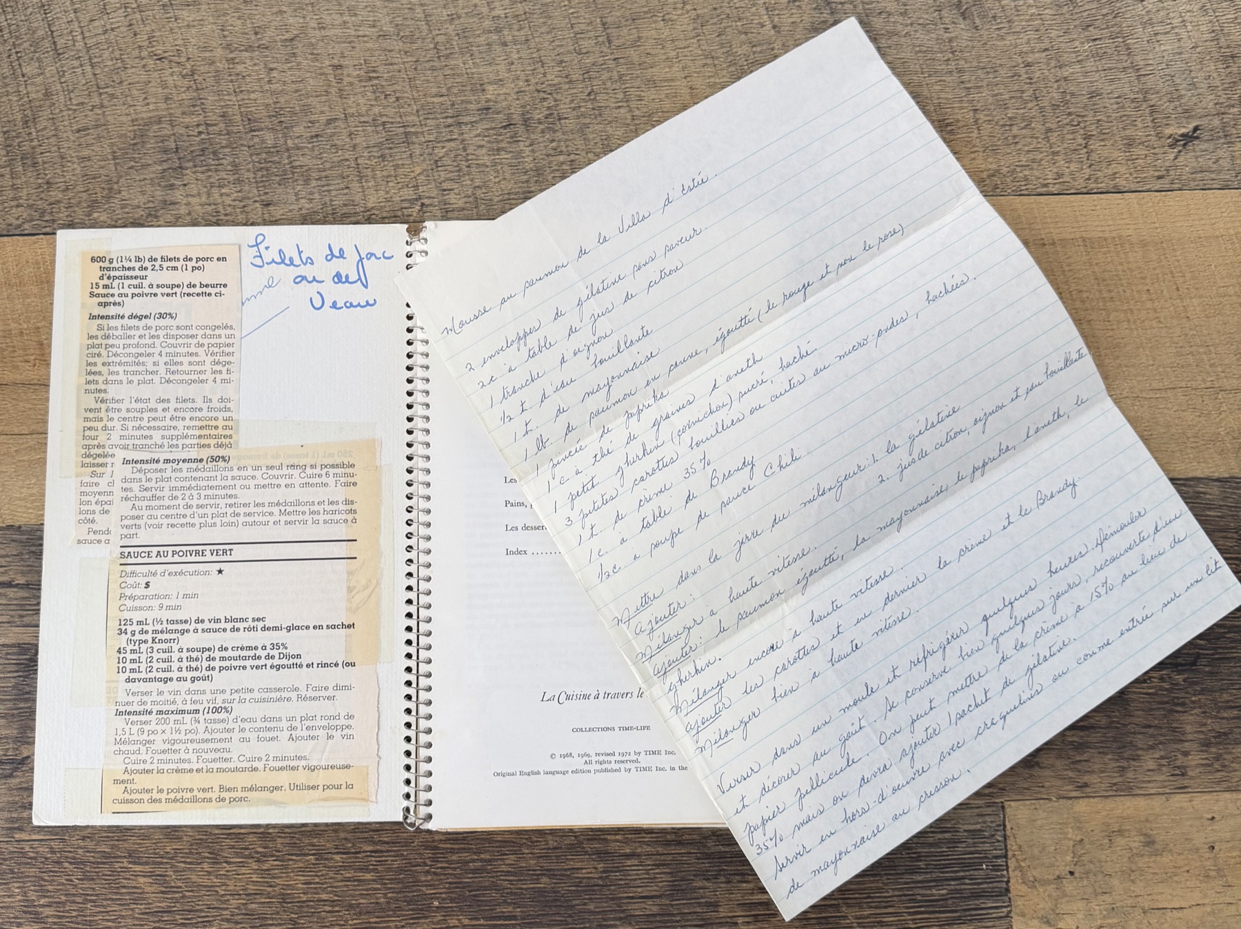 Un livre de recettes ouvert, rempli de découpures, de notes manuscrites et d’une recette copiée à la main.
